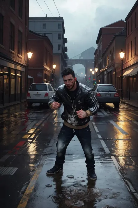 Epic composition, dynamic pose, (masterpiece, best quality), 2boy, 30 year old, chav, rough, dirty, mean, bully, druggie, two boys fist fighting, blood splatter, (streets), rain splashing raindrops puddles, realistic, dramatic lighting, atmospheric, intricate detail, Photorealistic, hyperdetailed, life-like, sharp focus, ((detailed realistic skin, life-like detailed realistic face)),