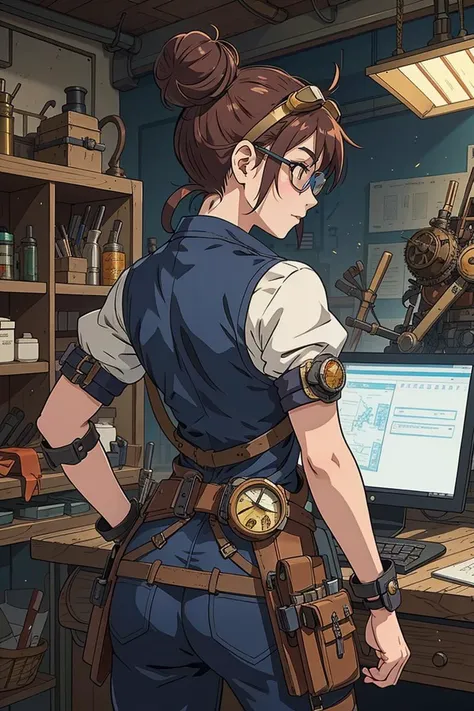 A back-view of an anime steampunk inventor in a workshop, wearing goggles and a tool belt. Her hair is tied in a messy bun, and she works on a mechanical device.