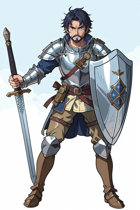 A three-quarter view of an anime knight in a medieval battlefield, dressed in shining armor with a shield and sword. His hair is short and rugged, and he stands ready for battle with a fierce expression.
