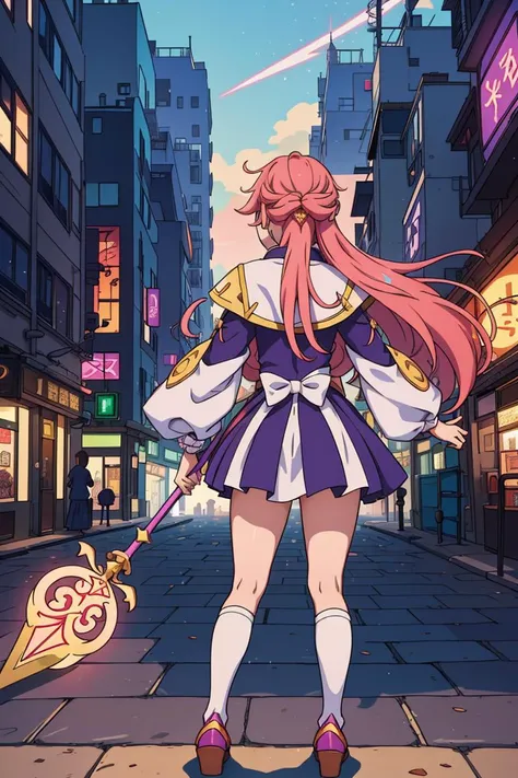 A back-view of an anime magical girl in a bustling cityscape, wearing a colorful outfit with a magical staff. Her hair is long and flowing, and she stands ready for action with the city lights behind her.
