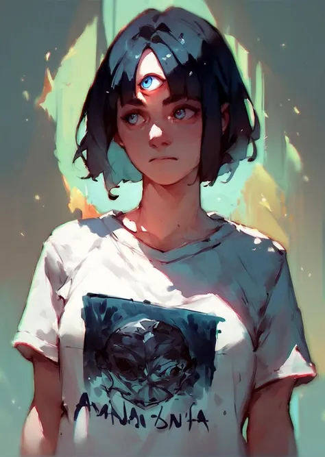 score_9, score_8_up, score_7_up, score_6_up, woman, third eye,  <lora:ThirdEyeXLPony-000008:0.8>, digital painting, black hair in bob cut, tshirt, simple background, cowboy shot