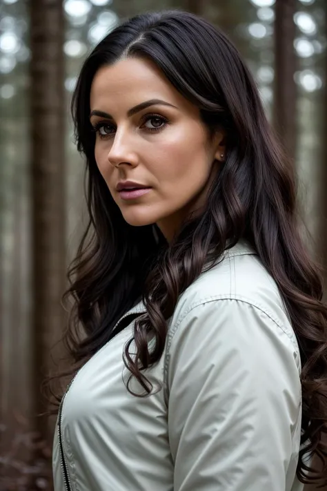 close up of a european woman, wavy hair, kendralust <lora:kendralust_v2:1>, jacket, winter forest, natural skin texture, 24mm, 4k textures, soft cinematic light, RAW photo, photorealism, photorealistic, intricate, elegant, highly detailed, sharp focus, ((((cinematic look)))), soothing tones, insane details, intricate details, hyperdetailed, low contrast, soft cinematic light, dim colors, exposure blend, hdr, faded
