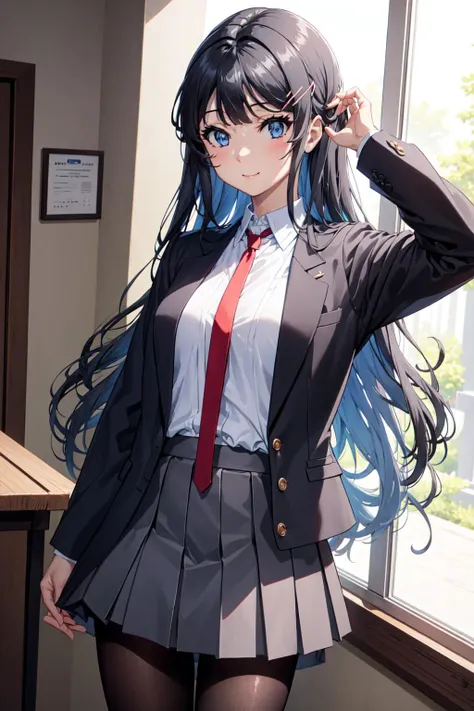 (masterpiece:1.2), best quality, high resolution, MaiSakurajima, 1girl, solo, long hair, looking at viewer, blush, smile, blue eyes, skirt, shirt, black hair, hair ornament, long sleeves, closed mouth, school uniform, standing, jacket, white shirt, pantyhose, pleated skirt, open clothes, necktie, hairclip, collared shirt, indoors, arm up, open jacket, black pantyhose, window, blazer, blue jacket, red necktie, grey skirt, <lora:MaiSakurajima:1>