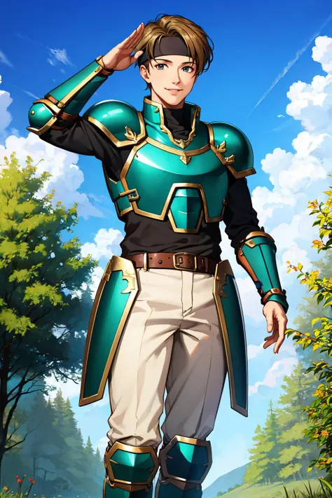 masterpiece, best quality, sain, headband, armor, belt, white pants, armored boots, standing, salute, looking at viewer, forest, clouds, sky, smile <lora:sain-nvwls-v1-000009:0.9>