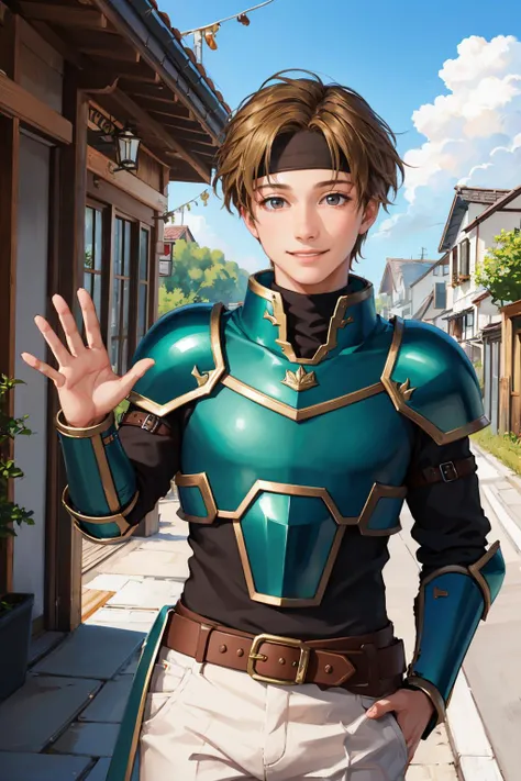 masterpiece, best quality, sain, headband, armor, belt, white pants, upper body, looking at viewer, smile, happy, closed mouth, village, summer, waving with one hand <lora:sain-nvwls-v1-000009:0.9>