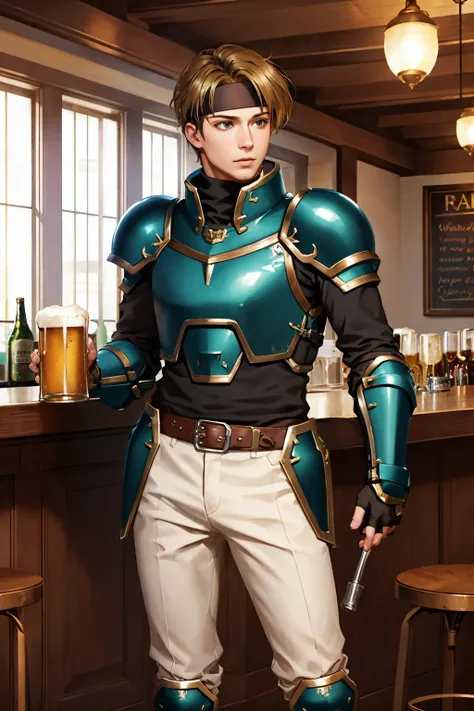 <lora:sain-nvwls-v1-final (1):0.8> sain, headband, armor, fingerless gloves, belt, white pants, armored boots
masterpiece, best quality, absurdres, bar, indoors, holding beer