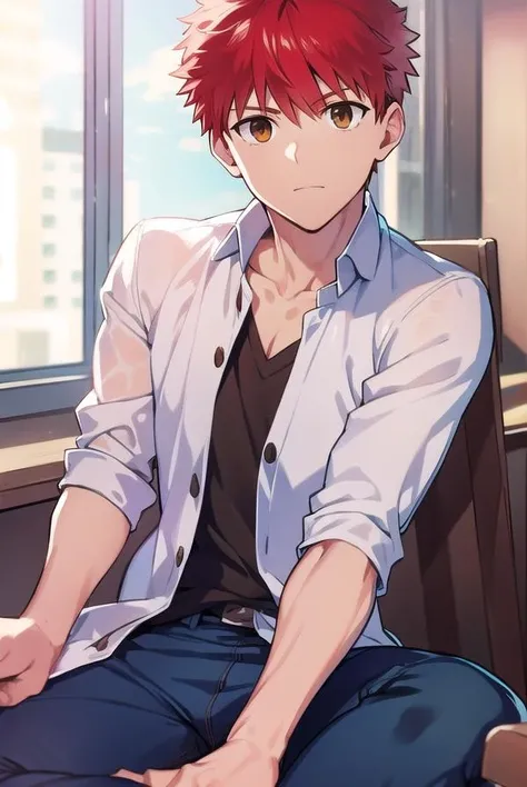 shirouemiya, <lora:shirouemiyatest:1>,
shirou emiya, 1boy, (red hair:1.5), spiked hair, (brown eyes:1.5), mature male,
BREAK blue pants, collarbone, pants, shirt, long sleeves, white shirt,
BREAK looking at viewer,
BREAK indoors, classroom,
BREAK <lora:GoodHands-vanilla:1>, (masterpiece:1.2), best quality, high resolution, unity 8k wallpaper, (illustration:0.8), (beautiful detailed eyes:1.6), extremely detailed face, perfect lighting, extremely detailed CG, (perfect hands, perfect anatomy),