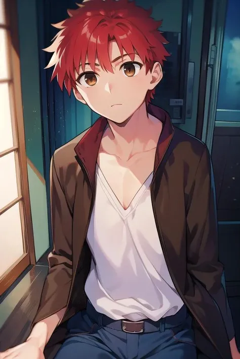 shirouemiya, <lora:shirouemiyatest:1>,
shirou emiya, 1boy, (red hair:1.5), spiked hair, (brown eyes:1.5), mature male,
BREAK blue pants, collarbone, pants, shirt, long sleeves, white shirt,
BREAK looking at viewer,
BREAK indoors, classroom,
BREAK <lora:GoodHands-vanilla:1>, (masterpiece:1.2), best quality, high resolution, unity 8k wallpaper, (illustration:0.8), (beautiful detailed eyes:1.6), extremely detailed face, perfect lighting, extremely detailed CG, (perfect hands, perfect anatomy),