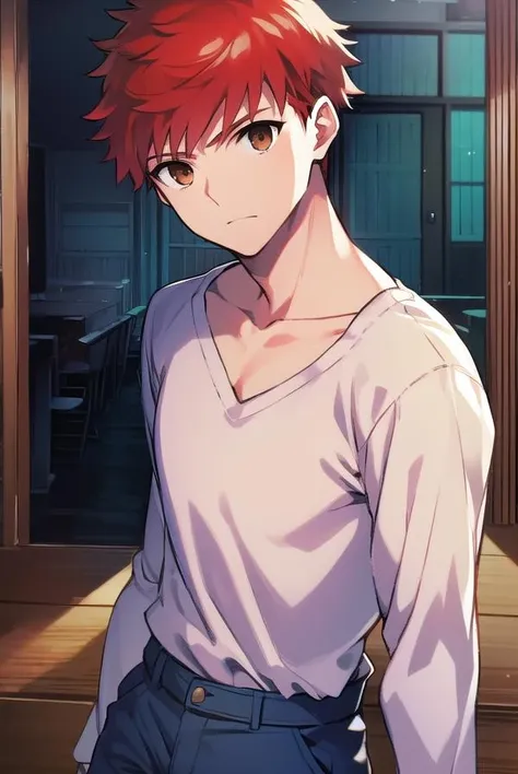 shirouemiya, <lora:shirouemiyatest:1>,
shirou emiya, 1boy, (red hair:1.5), spiked hair, (brown eyes:1.5), mature male,
BREAK blue pants, collarbone, pants, shirt, long sleeves, white shirt,
BREAK looking at viewer,
BREAK indoors, classroom,
BREAK <lora:GoodHands-vanilla:1>, (masterpiece:1.2), best quality, high resolution, unity 8k wallpaper, (illustration:0.8), (beautiful detailed eyes:1.6), extremely detailed face, perfect lighting, extremely detailed CG, (perfect hands, perfect anatomy),