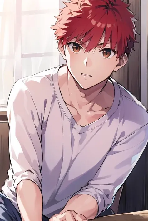 shirouemiya, <lora:shirouemiyatest:1>,
shirou emiya, 1boy, (red hair:1.5), spiked hair, (brown eyes:1.5), mature male,
BREAK blue pants, collarbone, pants, shirt, long sleeves, white shirt, raglan sleeves,
BREAK looking at viewer,
BREAK indoors, classroom,
BREAK <lora:GoodHands-vanilla:1>, (masterpiece:1.2), best quality, high resolution, unity 8k wallpaper, (illustration:0.8), (beautiful detailed eyes:1.6), extremely detailed face, perfect lighting, extremely detailed CG, (perfect hands, perfect anatomy),