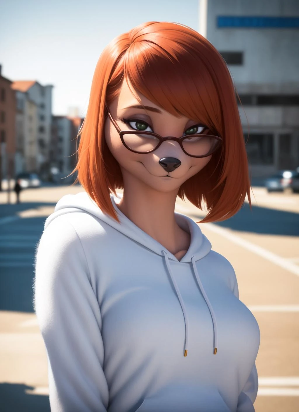 sylvia, librarian, furry female anthro, portrait, close-up, (white hoodie:1.2), solo, (body fur:1.2), (best quality), (detailed urban background:1.2), dramatic lighting, (detailed fluffy fur:1.1), looking at viewer, medium breasts, <lora:sylvia-v2-locon:1>
