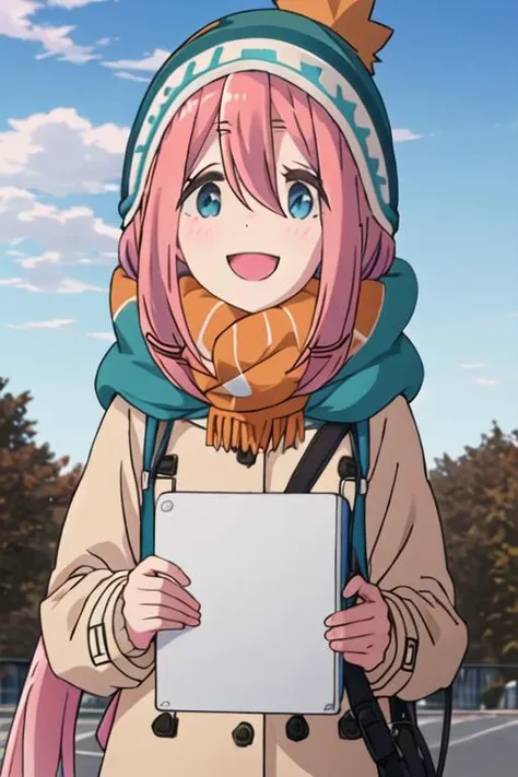 best quality, masterpiece, highres, solo, {kagamihara_nadeshiko_yurucamp:1.15}, pink_hair, long_hair, hair_between_eyes, blue_eyes, closed_mouth, smile, beanie, cloud, day, hat, outdoors, scarf, sky, 1girl, looking_at_viewer, bangs, blue_sky, orange_scarf, :d, open_mouth, coat, blue_headwear, blush
