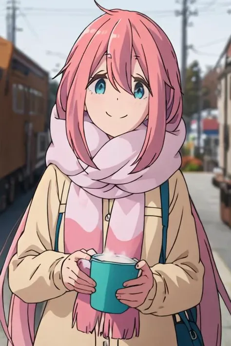 best quality, masterpiece, highres, solo, {kagamihara_nadeshiko_yurucamp:1.15}, pink_hair, long_hair, hair_between_eyes, blue_eyes, closed_mouth, smile, 1girl, bangs, blurry, blurry_background, looking_at_viewer, scarf, outdoors
