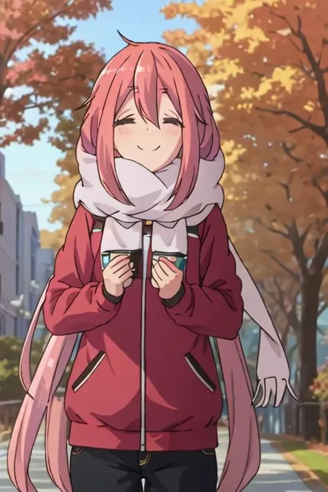 best quality, masterpiece, highres, solo, {kagamihara_nadeshiko_yurucamp:1.15}, pink_hair, long_hair, hair_between_eyes, blue_eyes, closed_mouth, smile, 1girl, closed_eyes, orange_scarf, outdoors, scarf, tree