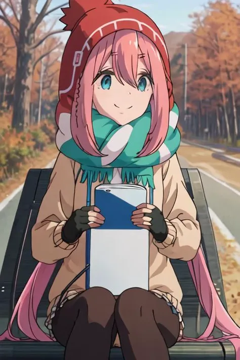 best quality, masterpiece, highres, solo, {kagamihara_nadeshiko_yurucamp:1.15}, pink_hair, long_hair, hair_between_eyes, blue_eyes, closed_mouth, smile, 1girl, fingerless_gloves, gloves, scarf, black_gloves, outdoors, long_sleeves, tree, orange_scarf, beanie, coat, forest, hat, nature