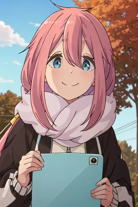 best quality, masterpiece, highres, solo, {kagamihara_nadeshiko_yurucamp:1.15}, pink_hair, long_hair, hair_between_eyes, blue_eyes, closed_mouth, smile, 1girl, outdoors, bangs, jacket, looking_at_viewer, day, upper_body, sky, tree, twintails
