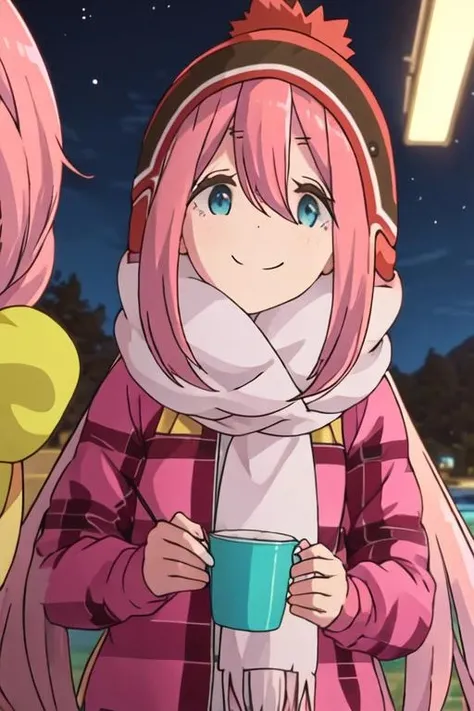 best quality, masterpiece, highres, solo, {kagamihara_nadeshiko_yurucamp:1.15}, pink_hair, long_hair, hair_between_eyes, blue_eyes, closed_mouth, smile, 1girl, beanie, hat, night, night_sky, outdoors, scarf, sky, red_headwear, half-closed_eyes, looking_at_viewer