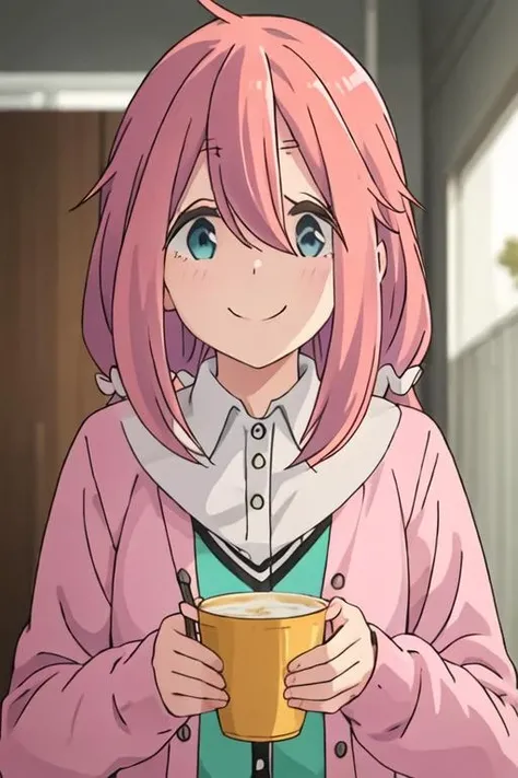best quality, masterpiece, highres, solo, {kagamihara_nadeshiko_yurucamp:1.15}, pink_hair, long_hair, hair_between_eyes, blue_eyes, closed_mouth, smile, 1girl, bangs, blurry, blurry_background, collared_shirt, indoors, looking_at_viewer, shirt, upper_body, orange_shirt, cardigan, long_sleeves, red_shirt
