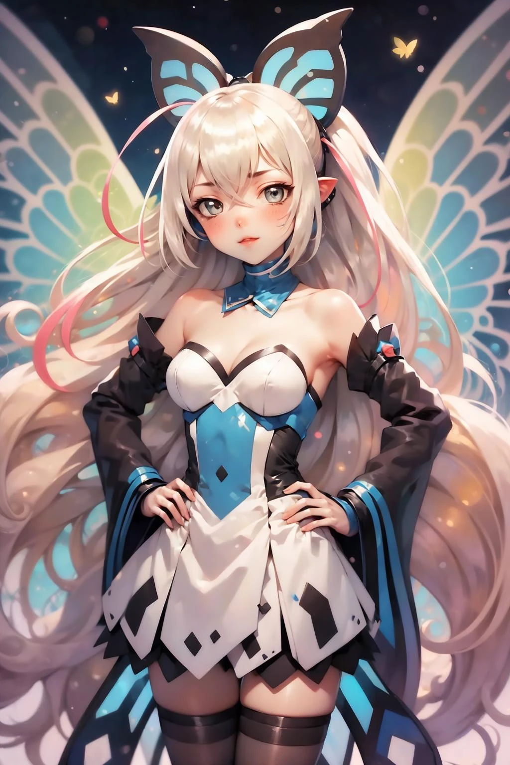 masterpiece, best quality, lumen, butterfly hair ornament, butterfly wings, white dress, detached sleeves, hands to hips, white thighhighs, looking at viewer, night, fireflies <lora:lumen-nvwls-v1-000010:0.9>