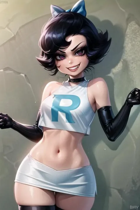 beautiful,(masterpiece),best quality,(extremely detailed face),extremely detailed eyes,perfect lighting,OverallDetail,detailed,deep skin,textured skin,
Betty Rubble,<lora:Betty_Rubble1:0.8>,black short hair,hair bow,black choker,
team rocket,team rocket uniform,white skirt,crop top,thighhighs,elbow gloves,
evil grin,basement,
<lora:more_details:0.5>,<lora:jessie v2 by goofy ai:0.5>,