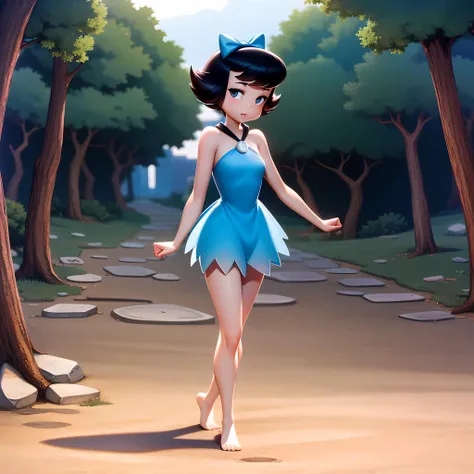 ((masterpiece, best quality)),(complex lighting) ,1girl, solo, full body, Betty Rubble, short hair, hair bow, dress, <lora:Betty_Rubble1:0.8>,walking, barefoot, forest,