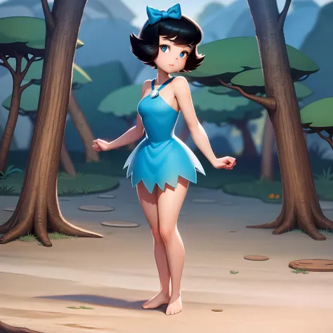 ((masterpiece, best quality)),(complex lighting) ,1girl, solo, full body, Betty Rubble, short hair, hair bow, dress,  <lora:Betty_Rubble1:0.8>,standing, barefoot, forest,