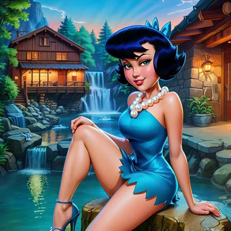 Vintage 90's anime style, ((masterpiece, best quality)),(complex lighting) ,full body, solo, woman, HHUD, <lora:HUD3:0.9>, Betty Rubble, short hair, black hair, blue hair bow, dress, <lora:Betty_Rubble1:0.8>,white dress, pearl necklace, lipstick, propped up on one hand (sitting or standing), A place forgotten by the world , wearing ankle strap heels ,bad , highly detailed face, A charming, rustic mill with a water wheel and cascading waterfall , by hajime sorayama, greg tocchini, virgil finlay, with modern style, radiant light, unreal engine