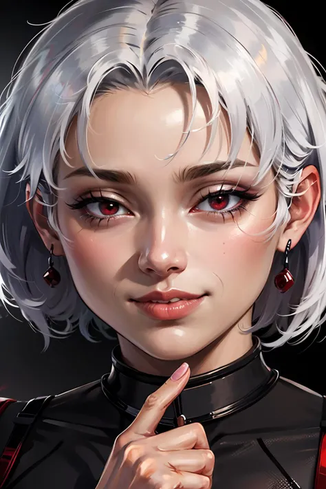 masterpiece, (photorealistic:1.4), best quality, beautiful lighting, detailed, 1girl, alluring, (face close up), <lora:Villain Racer:1>, villain_racer, (red eyes), sunglasses, <lora:Msgk_face:0.8>, ((hand to own mouth)), half-closed eyes, lipstick, (smile)