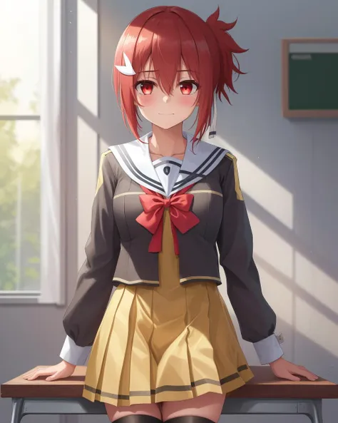 <lora:Yuuki_Yuna-10:0.8>,1girl, solo, hair ornament , ribbon, hair between eyes,red hair,red eyes,side ponytail,black thighhighs,yellow dress, bow, ribbon,school uniform, hair ribbon,