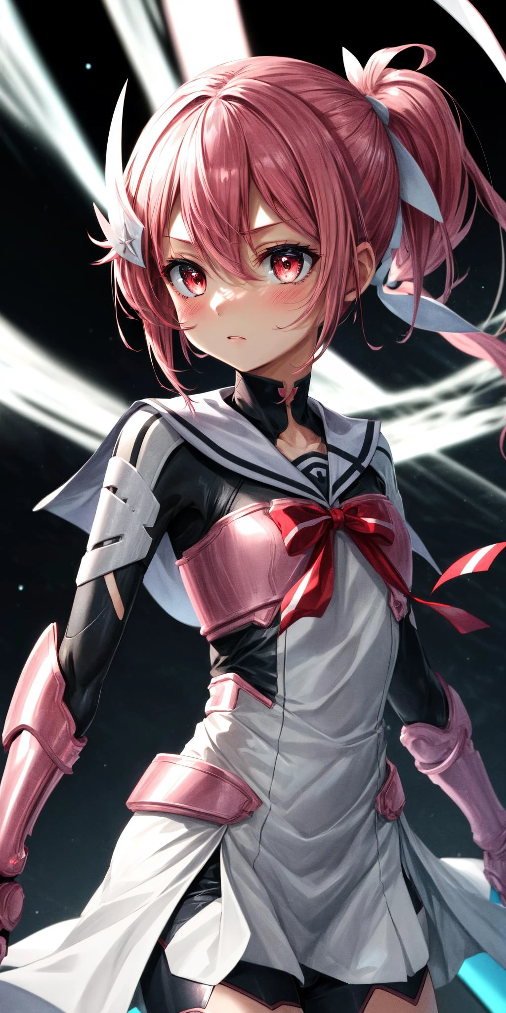 (masterpiece), best quality, (((ultra detailed, 8k quality))), expressive eyes, perfect face, perfect anatomy, perfect body, scene, <lora:scene_:0.7>, <lora:more_details:0.7>, <lora:beautiful_detailed_eyes:0.5>, <lora:GoodHands-vanilla:1>, <lora:give_it_a_name:0.7>,
1girl, solo, blush, hair ornament , gloves,dress, ribbon, hair between eyes,very long hair, ponytail,pink hair,red eyes, shorts, white dress, armor, side ponytail,magical girl, bike shorts , gauntlets, <lora:Yuuki_Yuna-10:0.8>, upper body, space scenery