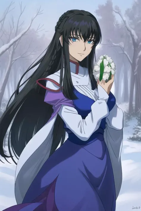 <lora:marina_ismail_lora:0.8>, marina ismail, 1girl, middle east, bare_tree, black_hair, blue_eyes, braid, breasts, day, forest, long_hair, long_sleeves, looking_at_viewer, nature, outdoors, sky, smile, snow, solo, tree, upper_body, very_long_hair, realistic, gundam 00,