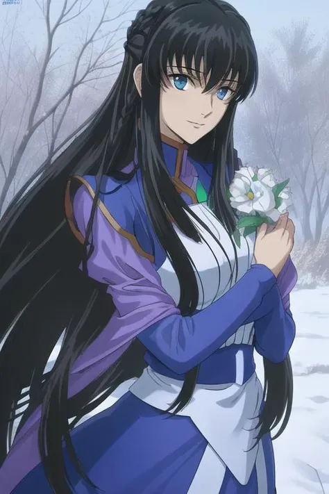 <lora:marina_ismail_lora:0.8>, marina ismail, 1girl, middle east, bare_tree, black_hair, blue_eyes, braid, breasts, day, forest, long_hair, long_sleeves, looking_at_viewer, nature, outdoors, sky, smile, snow, solo, tree, upper_body, very_long_hair, realistic, gundam 00,