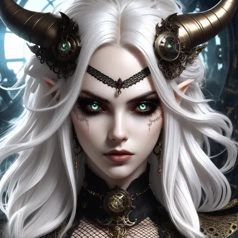 1 girl, (masterful), albino demon girl with lethargic sleepy smokey eyes,(white dreadlocks hair),((slit pupil eyes)),mesh fishnet blouse, (long intricate horns:1.2) , best quality, highest quality, extremely detailed CG unity 8k wallpaper, detailed and intricate, ,steampunk style,Glass Elements, LegendDarkFantasy, <lora:LegendDarkFantasy-000001:0.5>