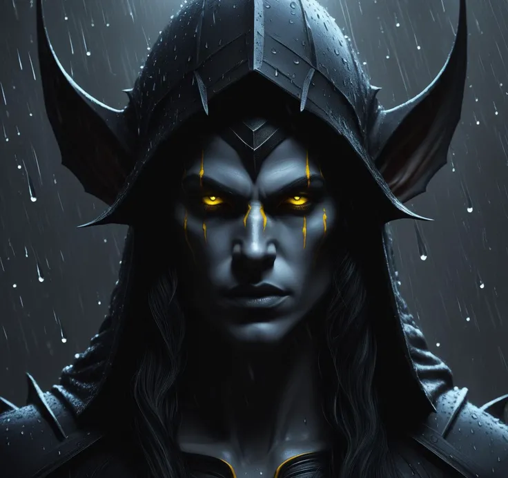 dark elf during a thundertstorm, heavy rain, large droplets, highly detailed, Life like, glowing yellow eyes, photo realistic, perfectly drawn hands, perfectly drawn face, perfect composition, beautiful detailed intricate insanely detailed octane render trending on artstation, 8 k, soft natural volumetric cinematic perfect light, chiaroscuro, masterpiece, oil on canvas, raphael, caravaggio, greg rutkowski, beeple, beksinski, giger, LegendDarkFantasy, <lora:LegendDarkFantasy-000001:0.7> ,