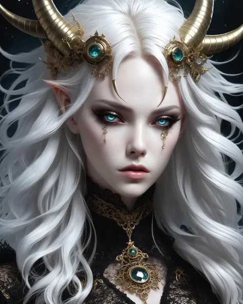 half body shot, 1 girl, (masterful), albino demon girl with lethargic sleepy smokey eyes,(white dreadlocks hair),((slit pupil eyes)),mesh fishnet blouse, (long intricate horns:1.2) , best quality, highest quality, extremely detailed CG unity 8k wallpaper, detailed and intricate, ,steampunk style,Glass Elements,  LegendDarkFantasy, <lora:LegendDarkFantasy-000001:0.5>,  Made_of_pieces_broken_glass, <lora:Made_of_pieces_broken_glass-000001:0.5>,  <lora:HDRv1:0.3>