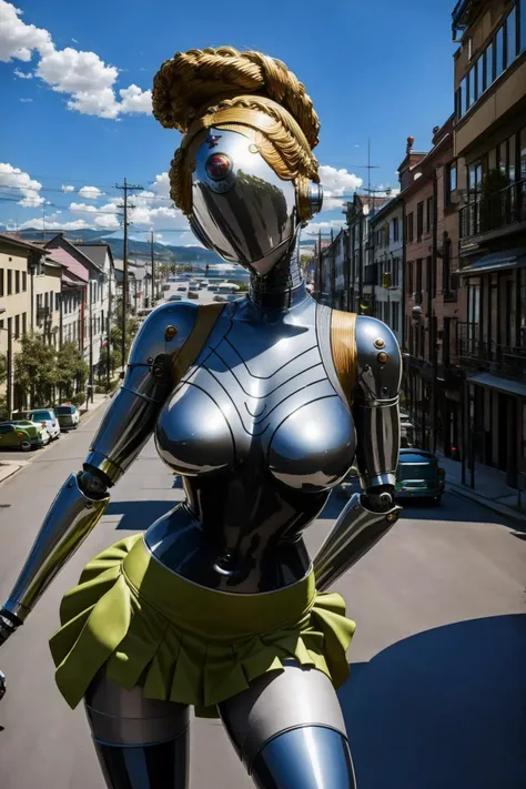 Sorayama Style, robot, masterpiece, best quality, detailed, 1girl, hair, looking at viewer, walking towards viewer, bright lime (mini skirt:1.45), people, (arms behind back:1.4), sunny sky, house, street, cafe <lora:atomic:1> <lora:lowra_v10:.6> <lora:sorayamaStyleHajime_v11:.3>