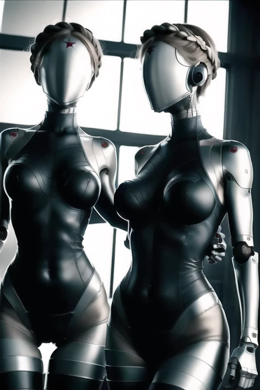 atomic heart, robot, android, cyborg, mirror, (((faceless))), 1girl, solo