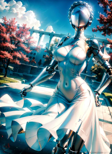 beautiful, robot, assassin,( white dress:1.4), clothing, detailed, a park, sunny day, rays, shaders, HD, cinematic, sharp focus, volumetric lighting, cinematic lighting, studio quality