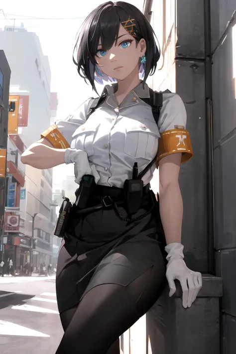 masterpiece, (best quality), vibrant colors ,natural lighting ,RTX, perfect proportions, beautiful, detailed face, (perfect eyes:1.1) ,(photorealistic:1.1), 8k uhd, outdoors, simple background, Siska, solo, short hair, blue eyes, skirt, shirt, black hair, hair ornament, white shirt, short sleeves, hairclip, mole, uniform, armband, police, police uniform, policewoman, black pencil skirt, pantythose, black heels, white gloves, Sitting with hands on hips, <lora:Siskuy:0.85>