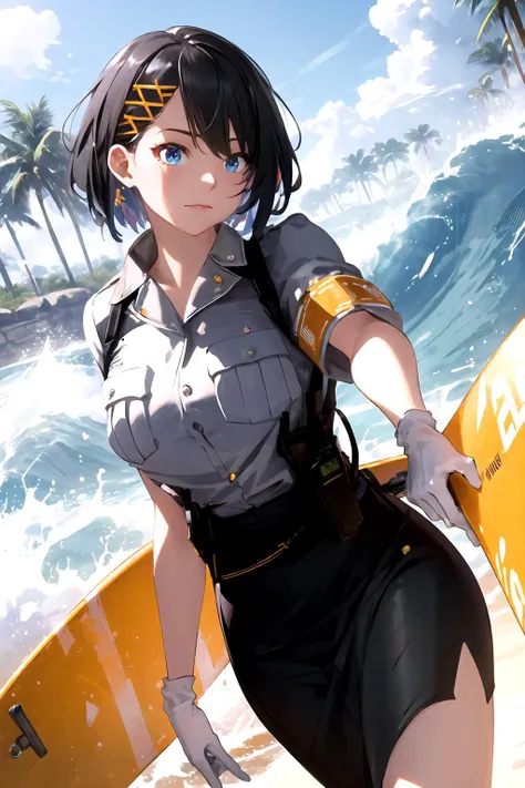masterpiece, (best quality), vibrant colors ,natural lighting ,RTX, perfect proportions, beautiful, detailed face, (perfect eyes:1.1) ,(photorealistic:1.1), 8k uhd, outdoors, simple background, Siska, solo, short hair, blue eyes, skirt, shirt, black hair, hair ornament, white shirt, short sleeves, hairclip, mole, uniform, armband, police, police uniform, policewoman, black pencil skirt, pantythose, black heels, white gloves,  Pretending to be in a surfing pose,  <lora:Siskuy:0.85>