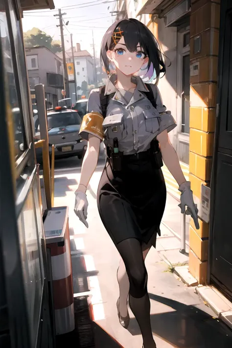 masterpiece, (best quality), vibrant colors ,natural lighting ,RTX, perfect proportions, beautiful, detailed face, (perfect eyes:1.1) ,(photorealistic:1.1), 8k uhd, outdoors, simple background, Siska, solo, short hair, blue eyes, skirt, shirt, black hair, hair ornament, white shirt, short sleeves, hairclip, mole, uniform, armband, police, police uniform, policewoman, black pencil skirt, pantythose, black heels, white gloves, Walking, pretending to follow a butterfly, <lora:Siskuy:0.85>