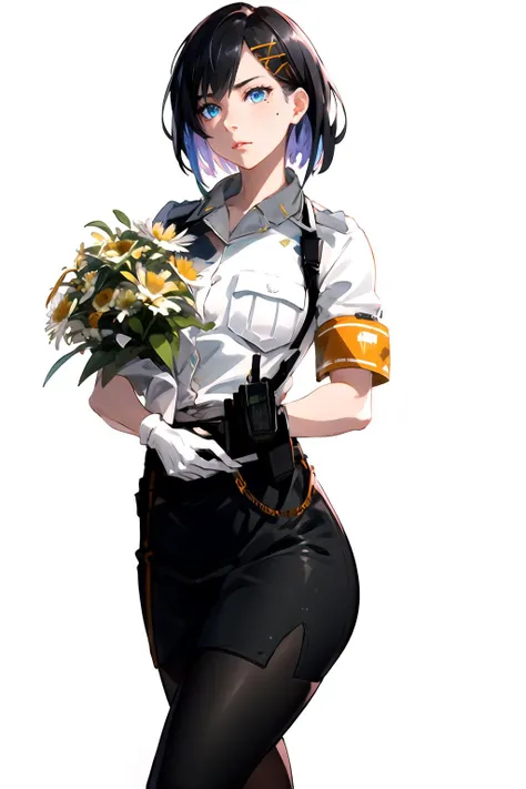 masterpiece, (best quality), vibrant colors ,natural lighting ,RTX, perfect proportions, beautiful, detailed face, (perfect eyes:1.1) ,(photorealistic:1.1), 8k uhd, outdoors, simple background, Siska, solo, short hair, blue eyes, skirt, shirt, black hair, hair ornament, white shirt, short sleeves, hairclip, mole, uniform, armband, police, police uniform, policewoman, black pencil skirt, black tights, black heels, white gloves,  Standing, pretending to hold a bouquet of daisies,  <lora:Siskuy:0.85>