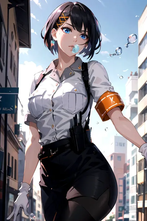 masterpiece, (best quality), vibrant colors ,natural lighting ,RTX, perfect proportions, beautiful, detailed face, (perfect eyes:1.1) ,(photorealistic:1.1), 8k uhd, outdoors, simple background, Siska, solo, short hair, blue eyes, skirt, shirt, black hair, hair ornament, white shirt, short sleeves, hairclip, mole, uniform, armband, police, police uniform, policewoman, black pencil skirt, black tights, black heels, white gloves, Posing as if blowing bubbles, <lora:Siskuy:0.85>