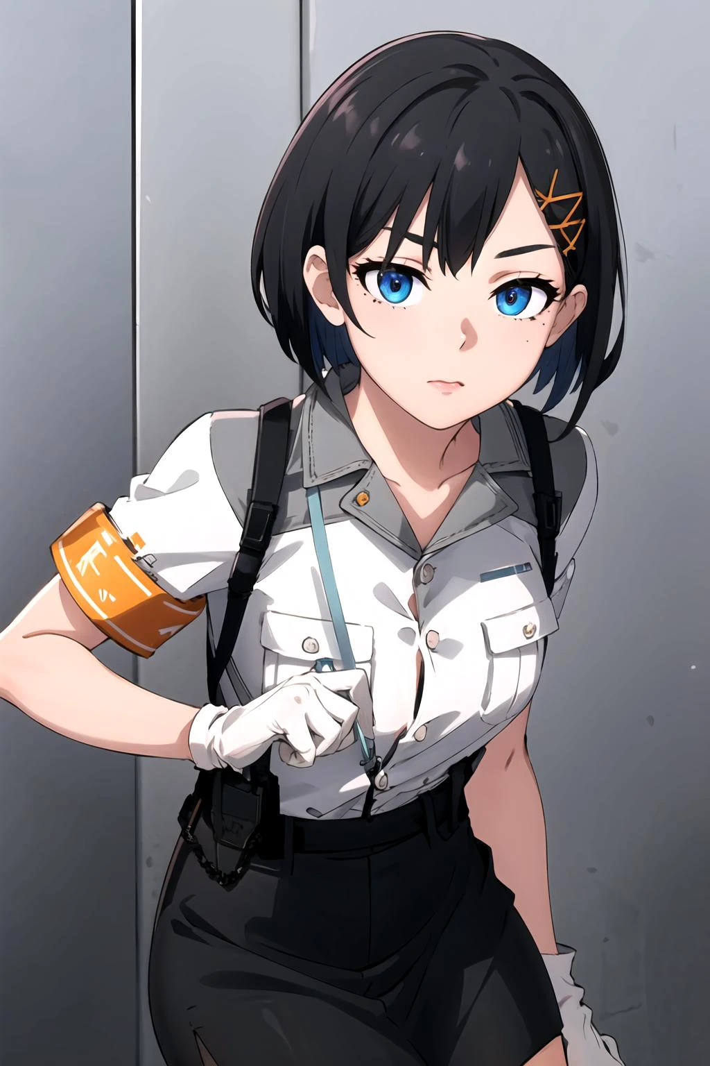 masterpiece, (best quality), vibrant colors ,natural lighting ,RTX, perfect proportions, beautiful, detailed face, (perfect eyes:1.1) ,(photorealistic:1.1), 8k uhd, outdoors, simple background, Siska, solo, short hair, blue eyes, skirt, shirt, black hair, hair ornament, white shirt, short sleeves, hairclip, mole, uniform, armband, police, police uniform, policewoman, black pencil skirt, black tights, black heels, white gloves, Spinning with dress flared out, <lora:Siskuy:0.85>