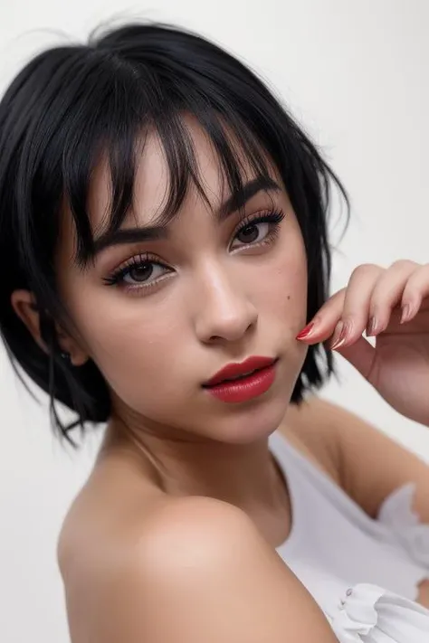 DEN_urbabydollxo_OF,
headshot,face focus,bright,(plain white background:1.2),bare shoulders,(black corset:1.2),strong eyeliner,Red lipstick,mouth open,
bokeh, f1.4, 40mm, photorealistic, raw, 8k, textured skin, skin pores, intricate details <lora:epi_noiseoffset2:1>, epiCRealism