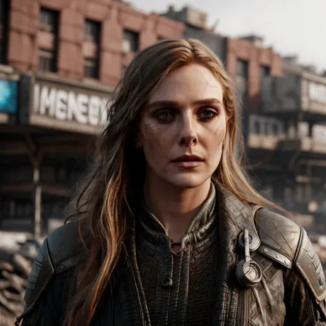 editorial photo of a beautiful woman go through the postapocalyptic city, <lora:person_elizabeth_olsen_v3:0.9>, (28 years old), shallow DOF, shot on CineStill 800T, long hair, foggy mood, medium shot, beautiful face, ((ultra realistic detailed skin)), ruined city on the background, destroyed city, postapocalypse, 24 century, photorealistic digital art trending on Artstation 8k HD high definition detailed realistic,ultra skin texture, skin imperfections, intricate details, 32k, cinematic composition, professional color grading, cinematic lighting, hdr, cinema shot, ((low key)), atmosphere, wondrous