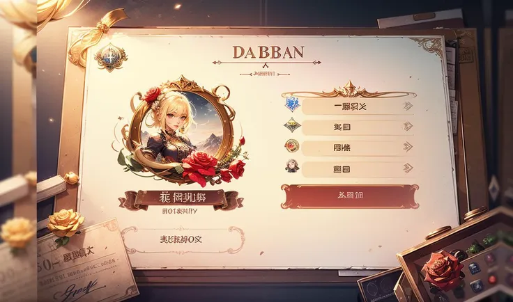 game interface,Role interface, tabs, buttons, logo, return titleï¼Currency columnï¼Content, screen contentï¼ blonde hair, rose, flower
(((High quality))),8k,masterpiece,<lora:huanqing_zhizhangee:0.8>,