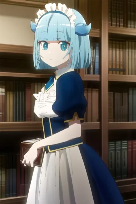 <lora:LizaUC-v2.5:0.9>, lizadef, looking at viewer, perfect lighting, ((masterpiece, best quality)), detailed face, cowboy shot, maid, indoors, library, from side, grabbing book