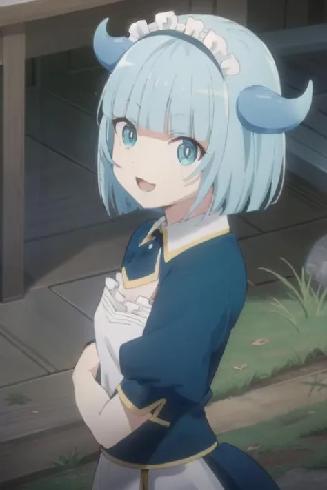 <lora:LizaUC:0.7>, lizadef
bangs, blue eyes, blue hair, blunt bangs, dragon horns, horns, short hair, upper body, :d
BREAK maid, maid apron
BREAK looking at viewer, solo,
BREAK outdoors, river, stars, sky
BREAK (masterpiece:1.2), best quality, high resolution, unity 8k wallpaper, (illustration:0.8), (beautiful detailed eyes:1.6), extremely detailed face, perfect lighting, extremely detailed CG, (perfect hands, perfect anatomy),