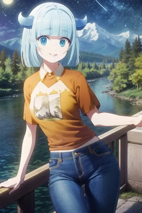 <lora:LizaUC-v2.5:0.9>, lizadef, looking at viewer, smiling, mountains, river, stars, night, perfect lighting, ((masterpiece, best quality)), detailed face, tshirt, jeans, cowboy shot,